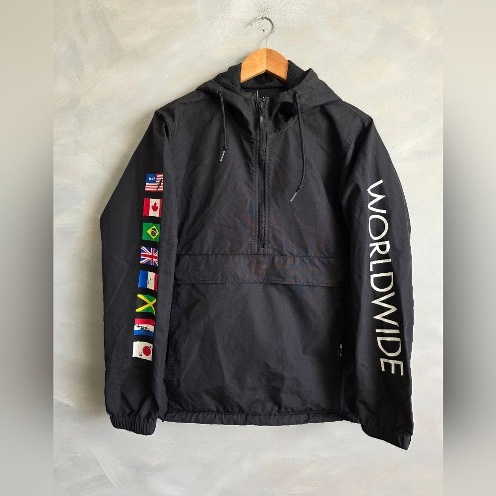 HUF Regional Flag Tour Anorak Black Hooded Quarter Zip Windbreaker Mens S Jacket